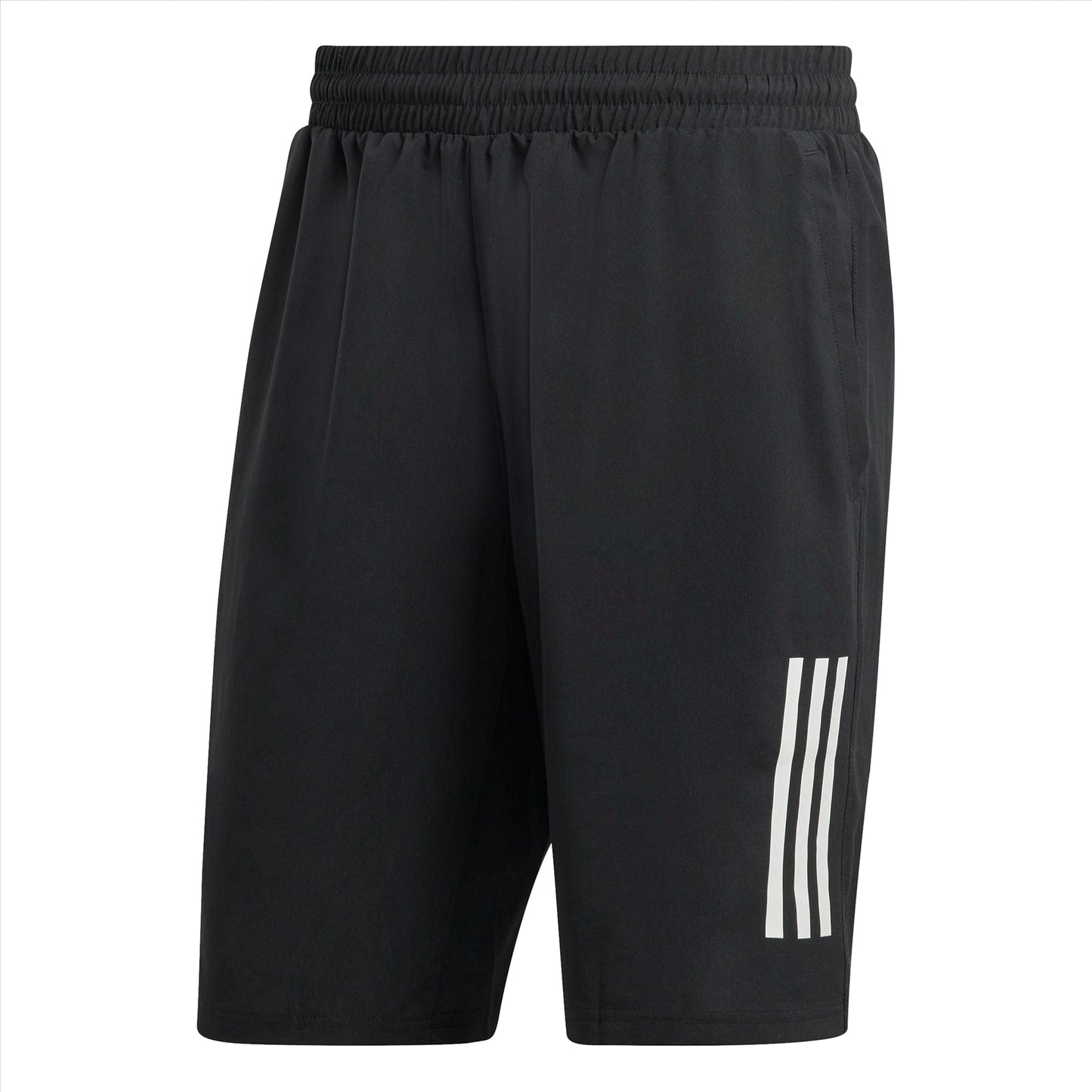 Introducing the adidas Club 3 Stripe 7" Men's Tennis Shorts in Black, featuring an elastic waistband and three iconic white vertical stripes on the lower left side. Made from moisture-wicking material, these shorts embody adidas' dedication to both performance and style, making them ideal for sports or casual wear.