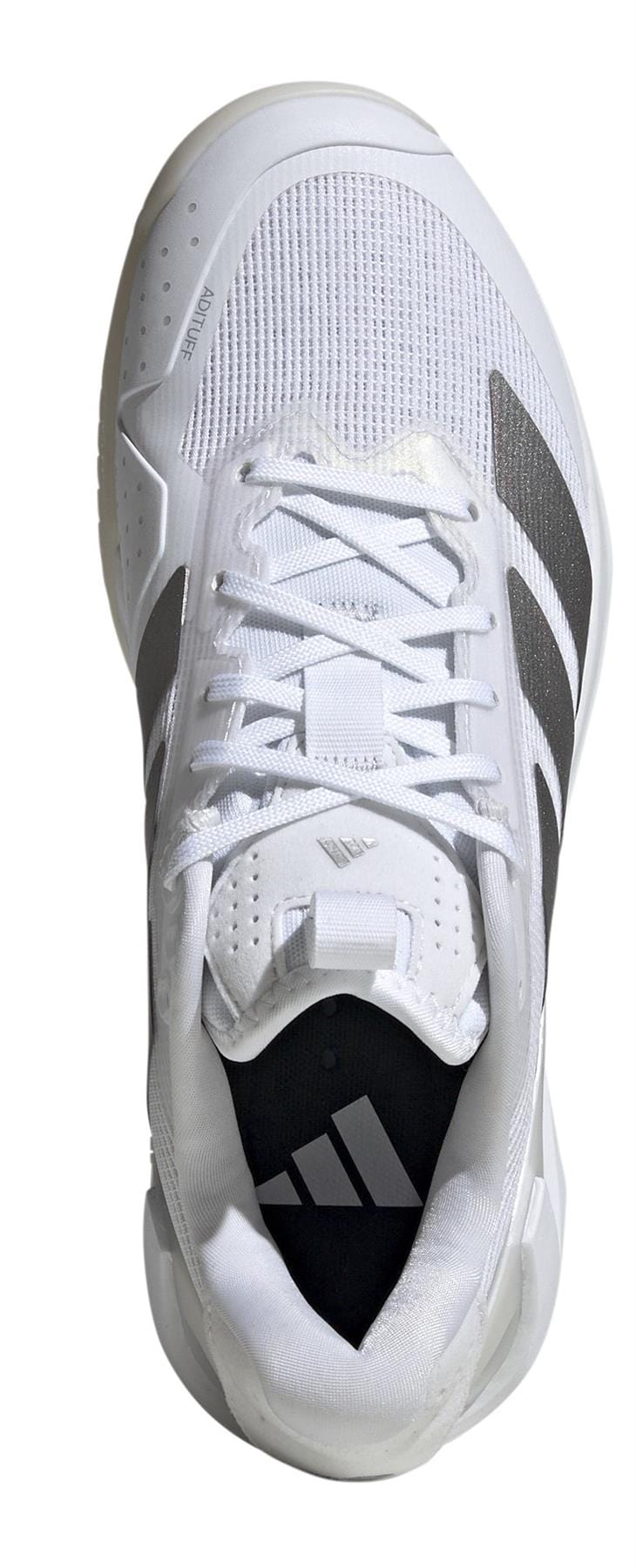Top view of the adidas Adizero Ubersonic 5 women's tennis shoe, featuring black side stripes. Its lightweight mesh upper boosts breathability and is paired with white laces, while the interior is lined with black fabric for comfort.