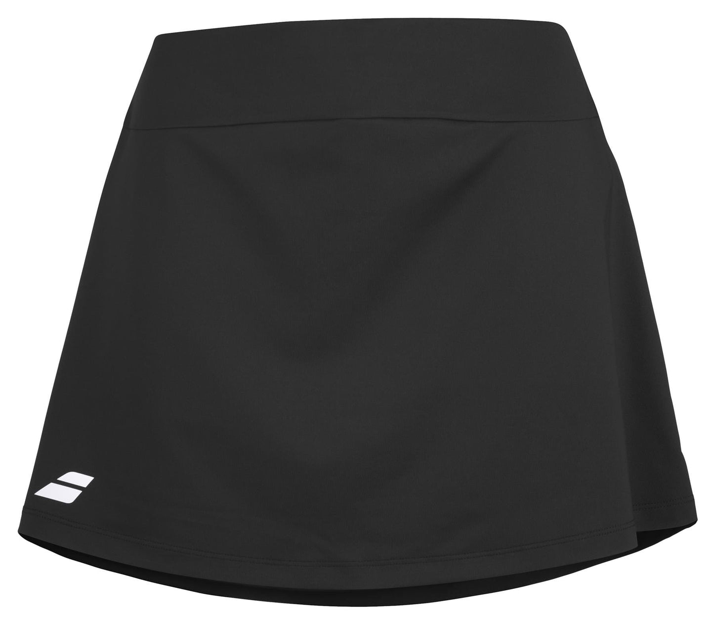 Introducing the Babolat Play Women's Tennis Skirt in black, crafted from recycled polyester and featuring a small white logo on the lower left side. This skirt's simple, sleek design with an elastic waistband allows for 360-degree motion, making it perfect for both sports and casual wear.