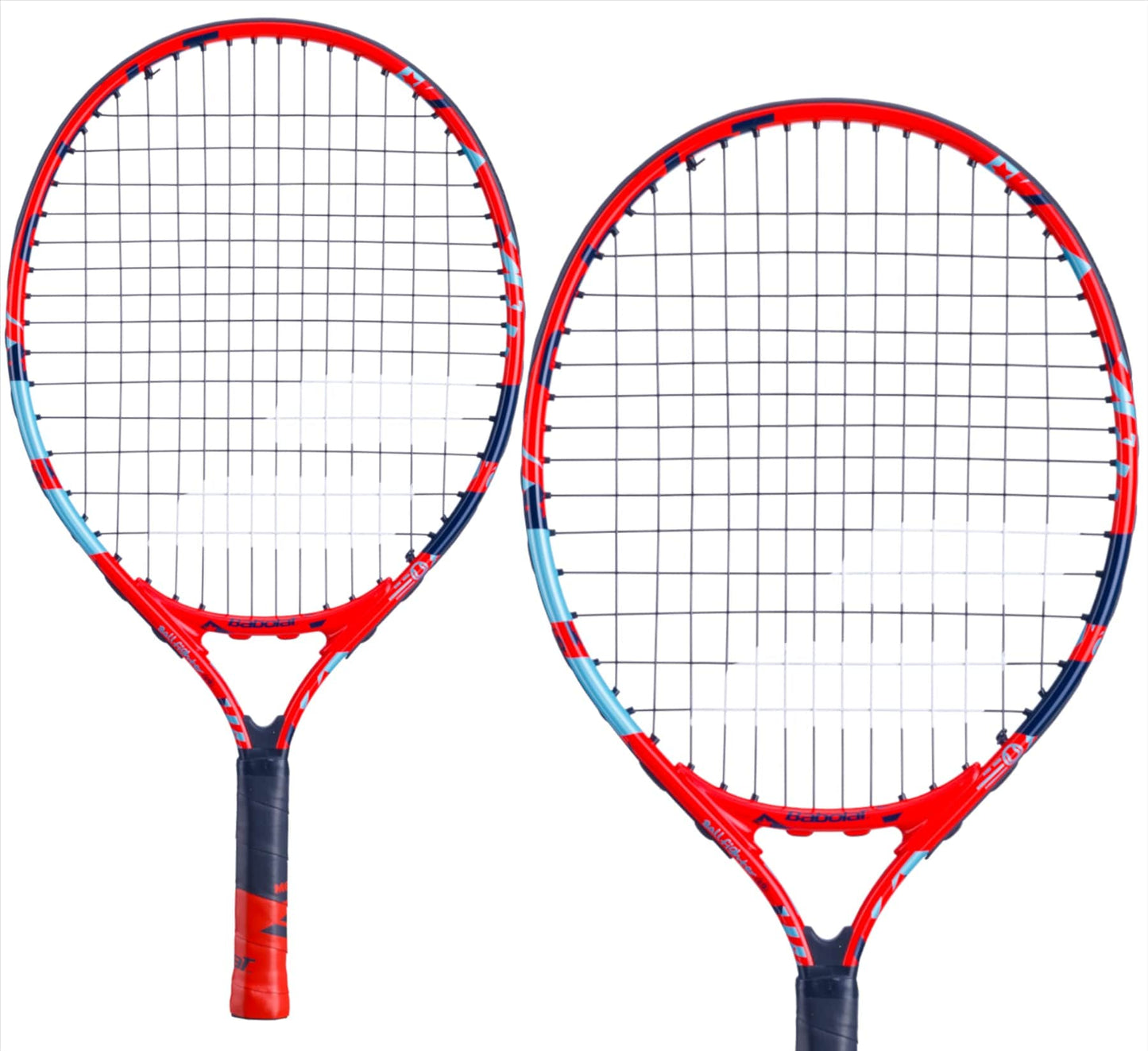 Two Babolat BallFighter 19 Junior Tennis Rackets in red and blue, with black grips, are displayed side by side. The frames and strings showcase a patterned design set against a plain white background, making them ideal for young players learning the game with their intuitive teaching grip.