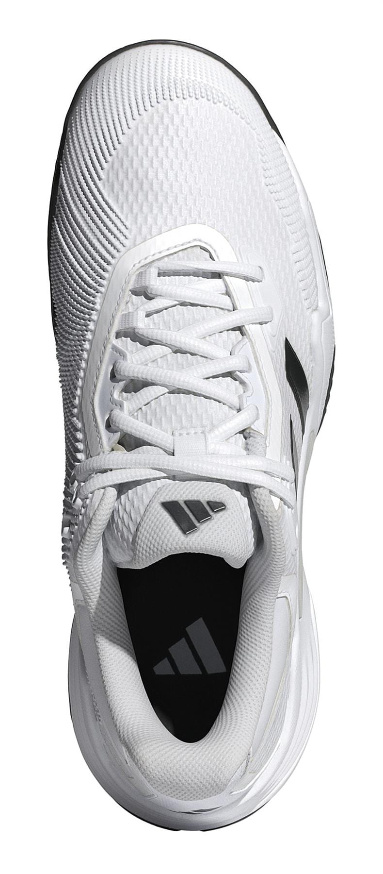 A top view of the ADIDAS Solematch Control 2 Men's Tennis Shoes in white shows its textured fabric and laces. With an adidas logo on the tongue and inside heel, it offers adidas BOOST cushioning for superior comfort and control on the tennis court.