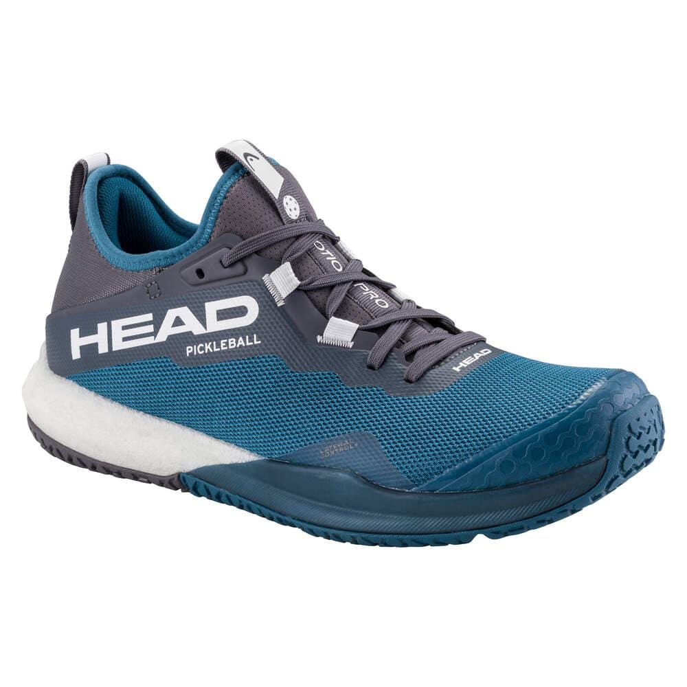 The HEAD Motion Pro Men's Pickleball Shoes (TBWH) feature a blue and gray design, "HEAD" and "PICKLEBALL" printed on the side, a textured sole for stability, and a secure lace-up closure.