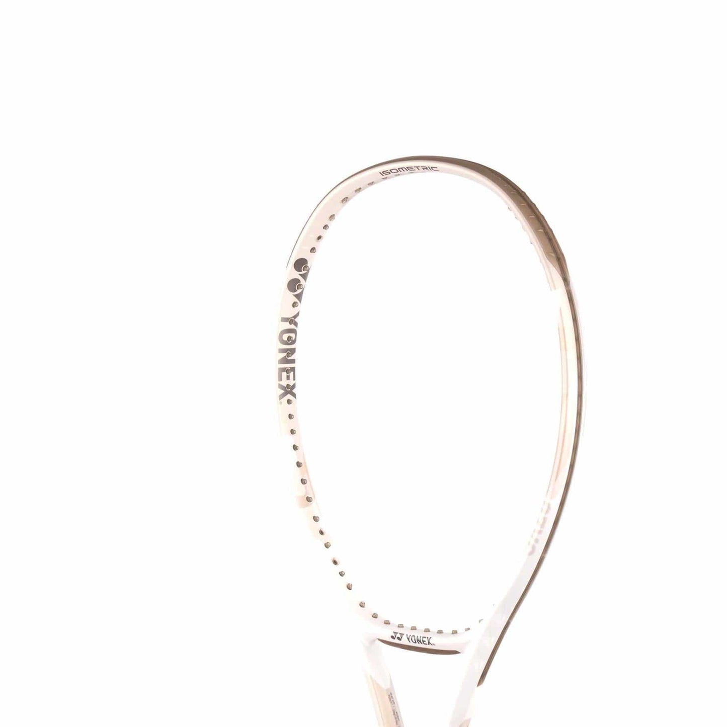 A sand beige Yonex VCORE 95 Tennis Racket, unstrung and designed for spin and speed with ISOMETRIC™ technology, is showcased against a white background with "Yonex" on the frame, highlighting its sleek minimalism.