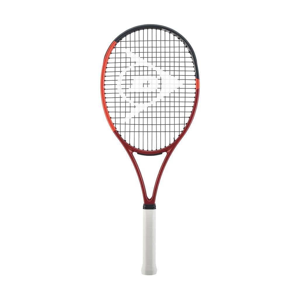 The Dunlop CX 200 OS 2024 Tennis Racket - Red showcases a vibrant red frame along with black strings featuring a geometric pattern and is completed with a comfortable white grip. Ideal for intermediate players, it looks pristine against a plain white background.