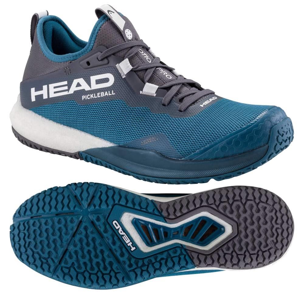 The HEAD Motion Pro Men's Pickleball Shoes (TBWH) are shown from the side and bottom in blue and gray, featuring a textured sole for grip, a white midsole, and "HEAD PICKLEBALL" branding, engineered for stability and durability.