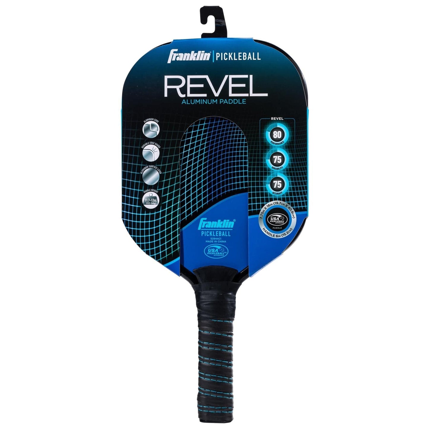 The Franklin Revel Pickleball Paddle - Blue by Franklin features a blue and black design, comes in its packaging with product specs on the front, is beginner friendly, and is USA Pickleball approved.