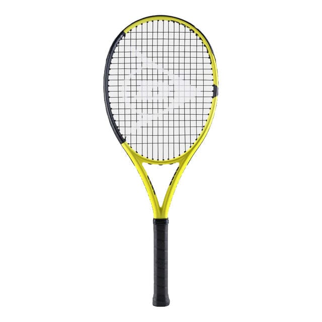 The Dunlop SX Team 280g Tennis Racket, in a stylish yellow and black design, is enhanced with AEROSKIN technology and features a black grip. Set against a white backdrop, the strings form an exact crisscross pattern with the logo prominently showcased in the center of the racket's head.