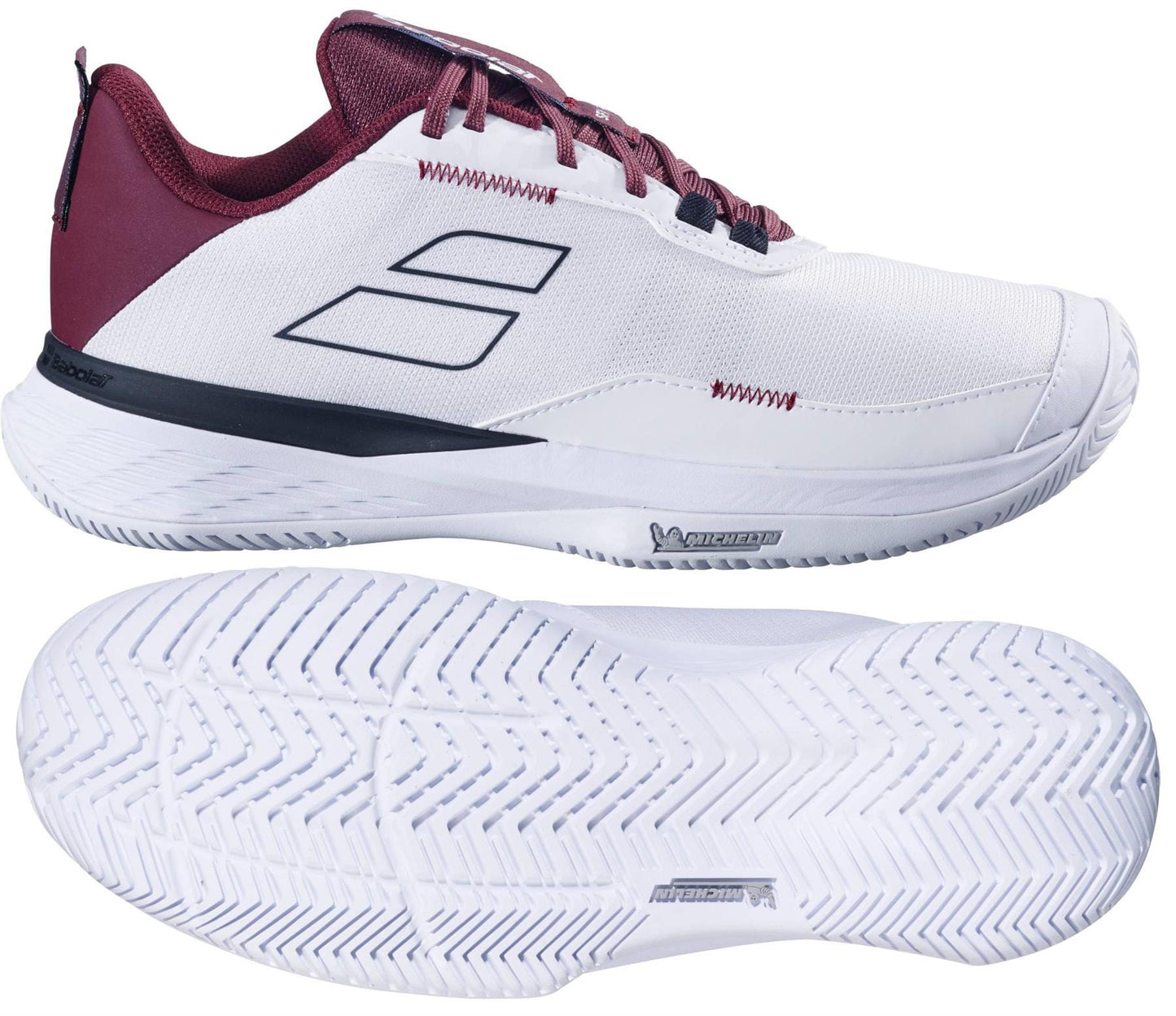 The Babolat SFX Evo Men's Tennis Shoes in white and burgundy feature a textured sole for grip, Ortholite insoles for comfort, sleek black accents, and logo details—shown from the side and bottom.