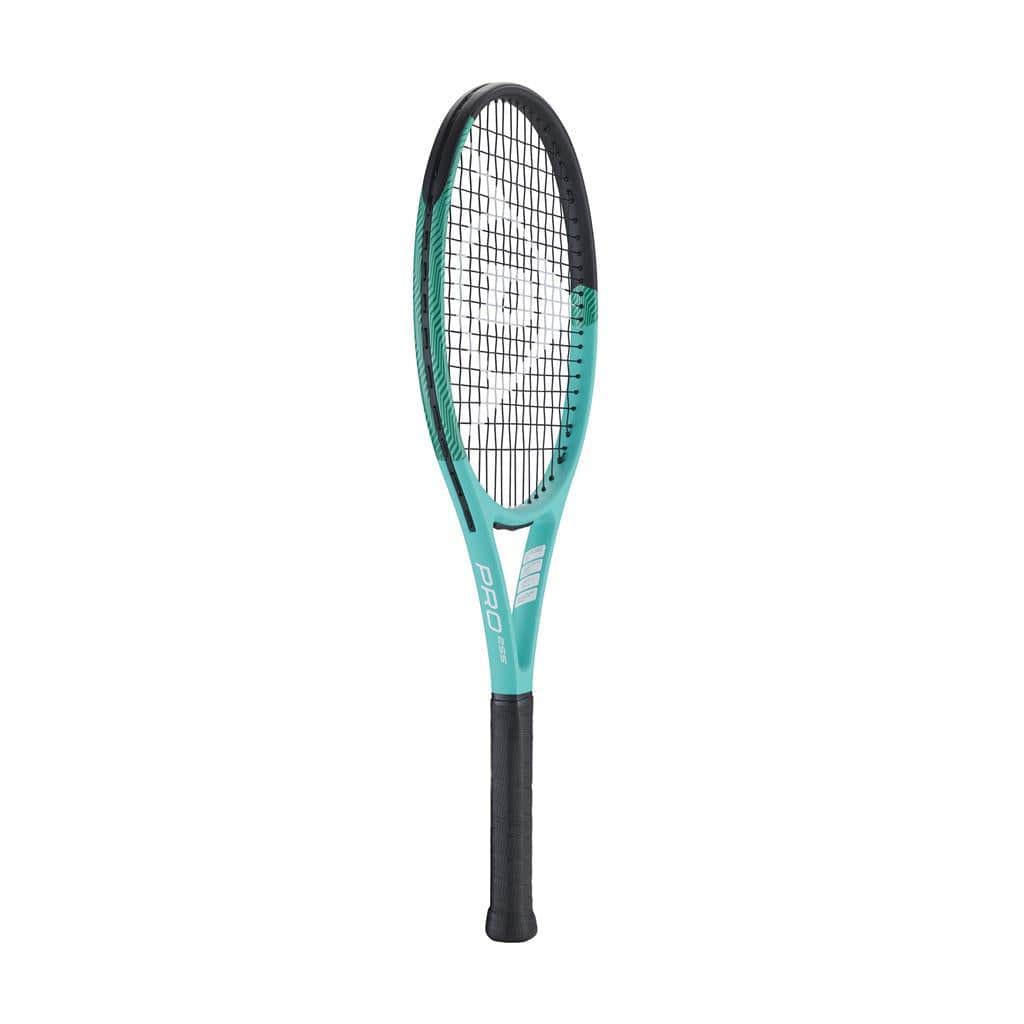 The Dunlop Tristorm Pro 255 Tennis Racket - Teal is a teal and black racket with the brand's white logo on the strings, featuring a dark grip handle. Designed for beginner players, its sleek frame proudly displays visible Dunlop branding.
