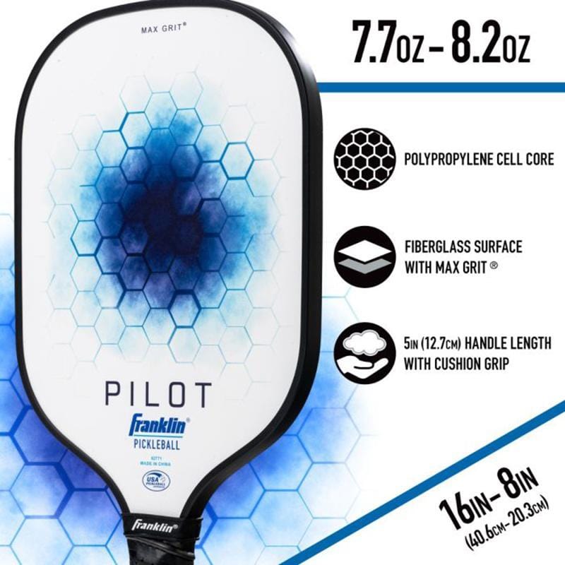 The Franklin Pilot Pickleball Paddle - White/Blue by Franklin features hexagon graphics, USA Pickleball approval, lightweight 7.7-8.2 oz build, polypropylene cell core, fiberglass surface, 5" cushioned handle, and 16"x8" dimensions.