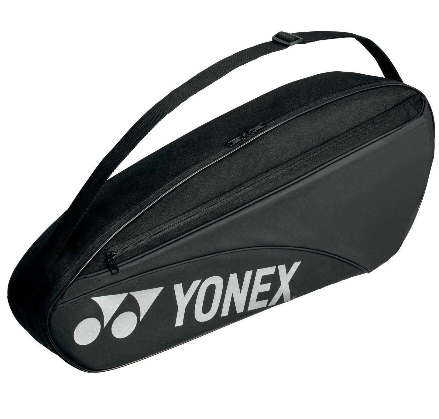 The Yonex 42323EX Team 3 Piece Racket Bag in black is expertly made from durable PU material and comes with a shoulder strap. It features the distinctive white Yonex logo and has a sleek, elongated design that securely holds multiple rackets.