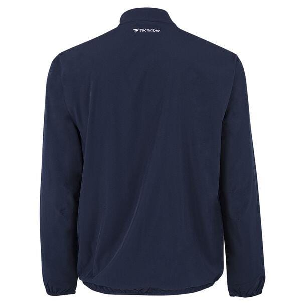 Rear view of the Tecnifibre Mens Light Tennis Jacket in Marine, featuring long sleeves. This windproof and water-repellent jacket displays a discreet logo near the neck for an extra touch of style.