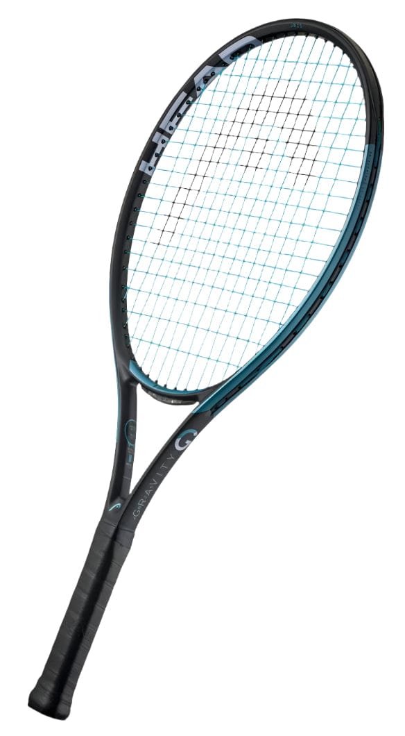 The HEAD Gravity Junior 25 2025 Tennis Racket in black and teal features Auxetic 2.0 technology, a mesh pattern on its head, and brand markings on the frame against a plain white backdrop—perfect for young players looking to enhance their game.