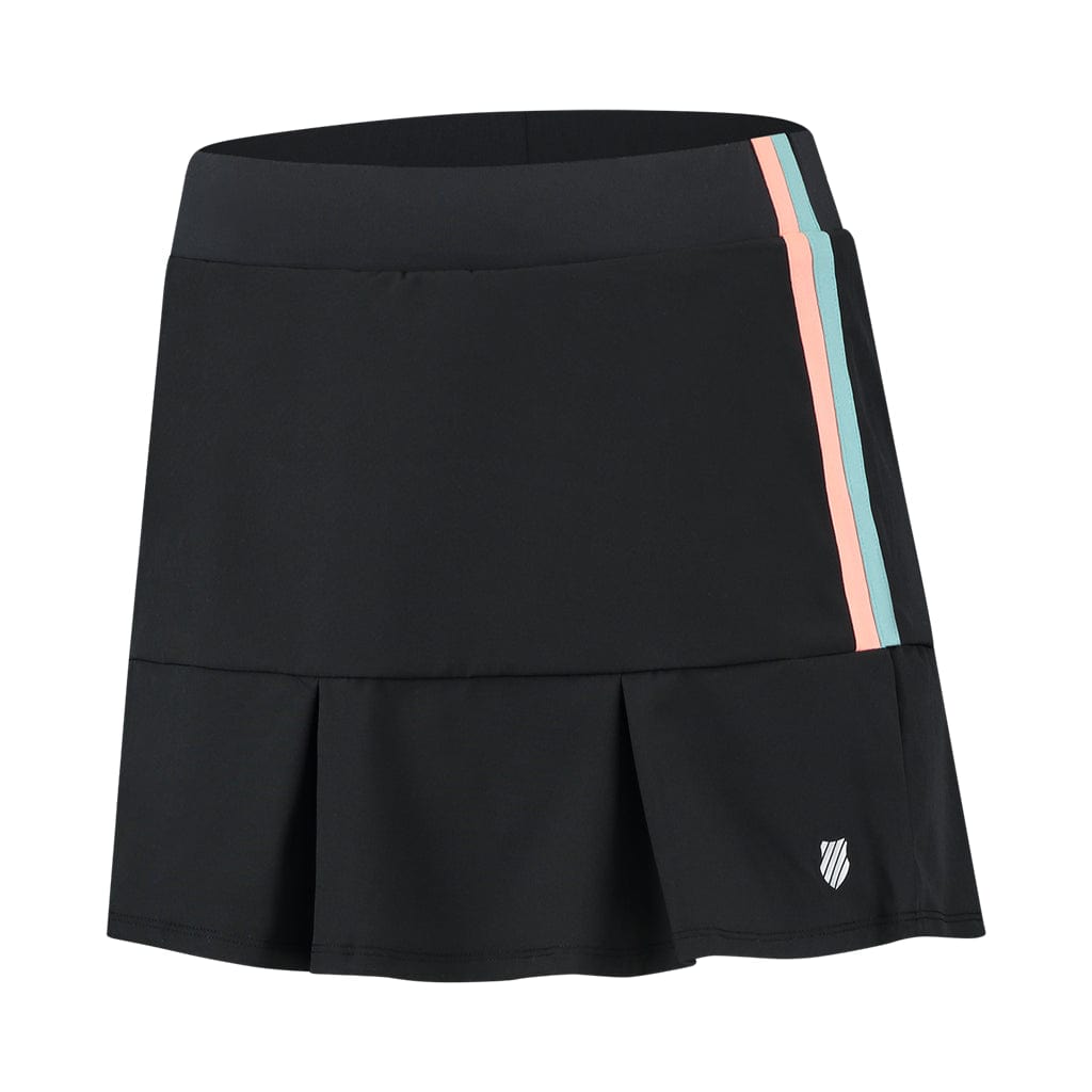 The K-Swiss Tac Hypercourt Pleated Tennis Skirt 3 in black, part of the K-Swiss collection, showcases two vertical stripes in pink and blue on the right side. It features a wide waistband and a pleated bottom, crafted with 4-Way Density Stretch fabric for maximum comfort. A small logo embellishes the lower left side.