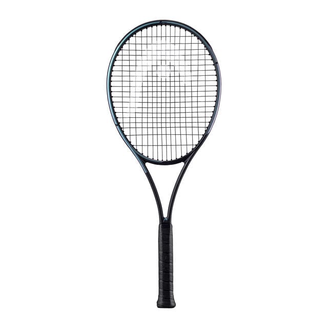 Presenting the HEAD Gravity Team 2023 Tennis Racket in black, a lightweight racket crafted by HEAD featuring advanced Auxetic technology. This elegantly designed tennis racket showcases a grid of strings and a textured handle against a white background.