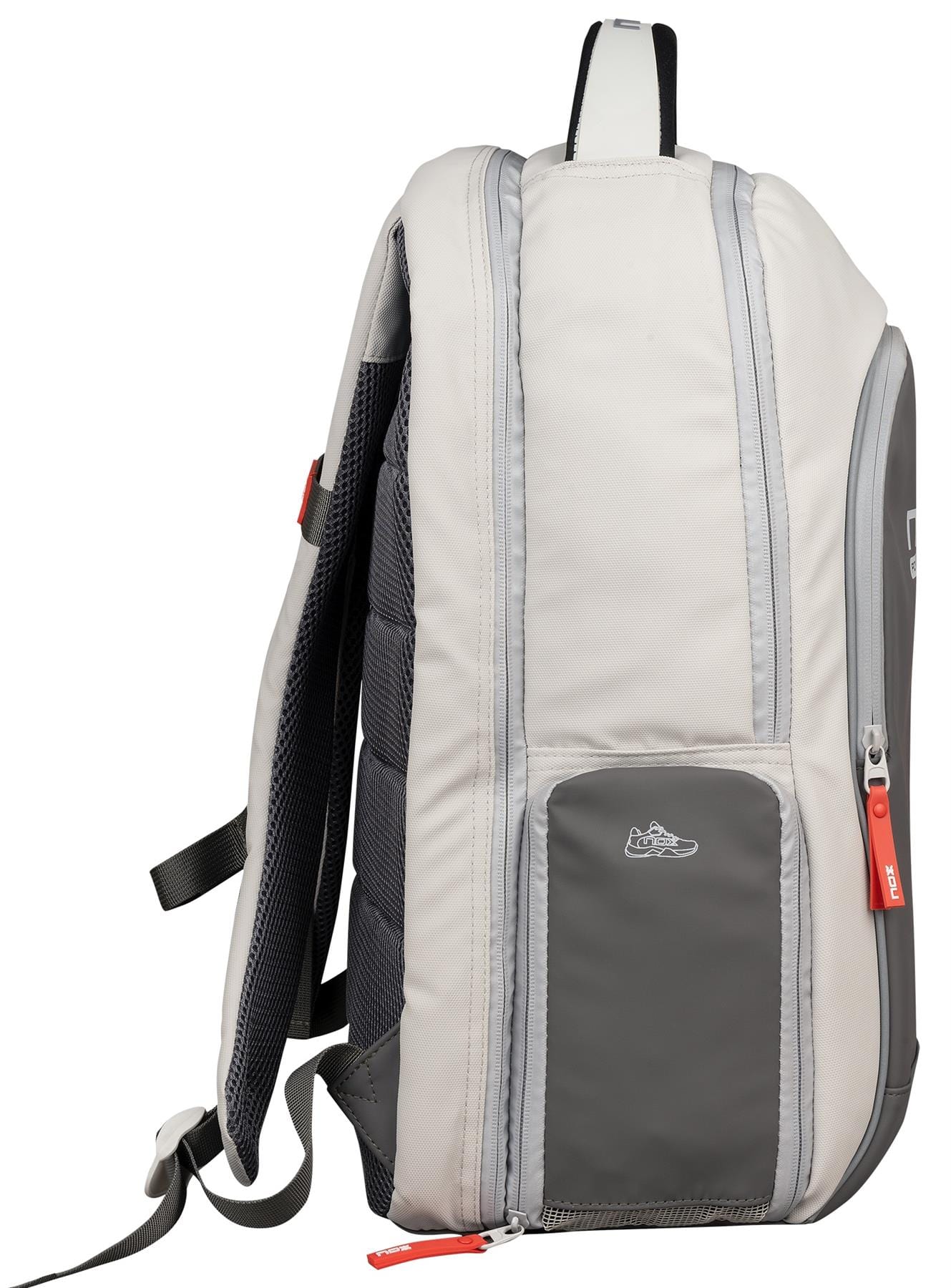 The NOX Pro Pickleball Backpack - Cream by NOX features ergonomic padded straps, a black back panel, red zipper pulls, a small embroidered shoe graphic on the front, and vertical zipper pockets.