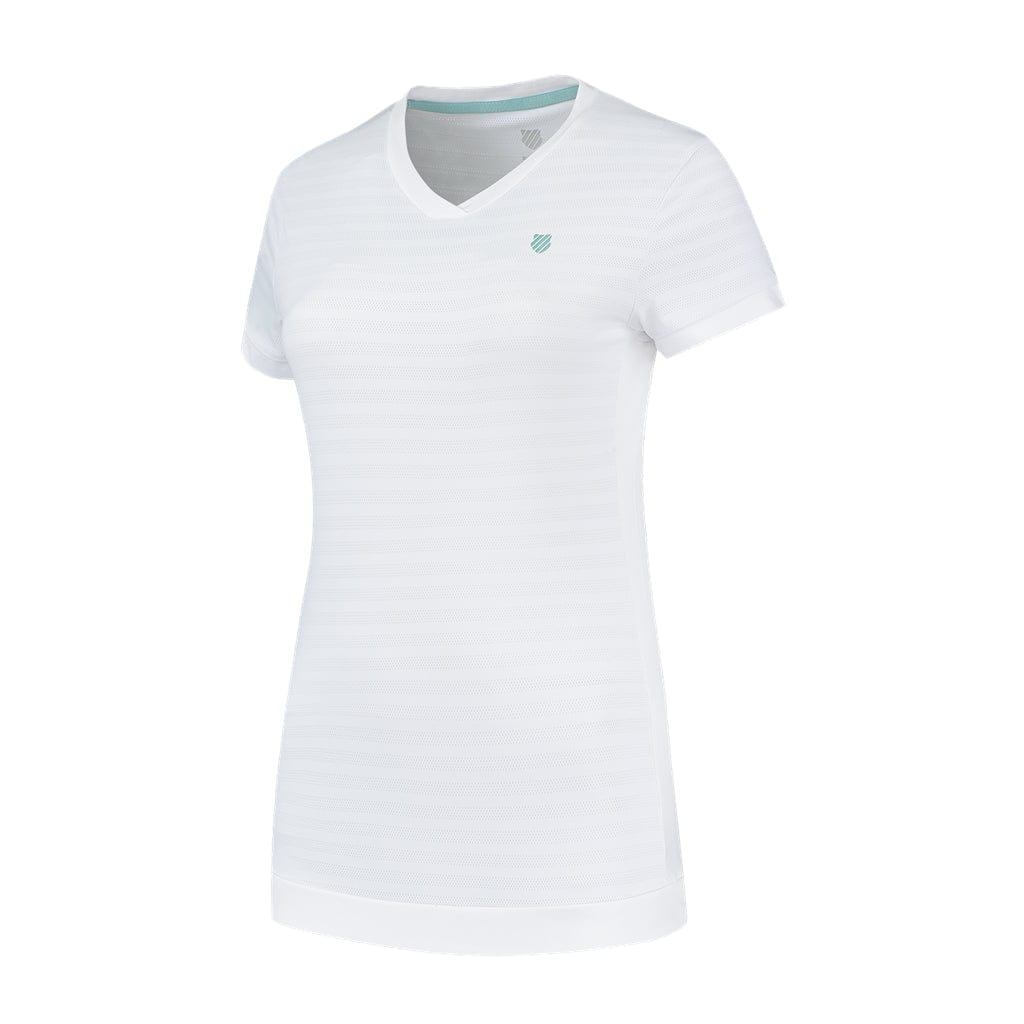 Introducing the K-Swiss Tac Hypercourt Women's V-Neck Tennis Top in White, designed with delicate horizontal stripes and a discreet logo near the left shoulder, all set against a clean white backdrop.