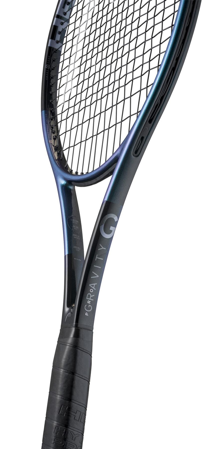 Close-up of the HEAD Gravity Pro 2025 Tennis Racket in black, highlighting its sleek modern look. Its dark, streamlined frame features auxetic 2.0 technology for a large sweetspot, enhanced by tightly woven strings and a grip-wrapped handle.