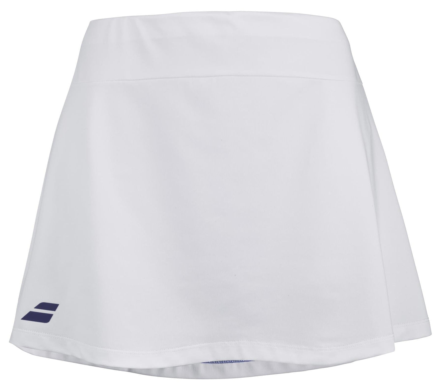 The Babolat Play Women's Tennis Skirt in white, designed by Babolat and featuring Fiber Dry technology, includes a subtle logo near the bottom hem on the left side. This sporty skirt is made of lightweight fabric for optimal comfort and 360 Motion on the court.