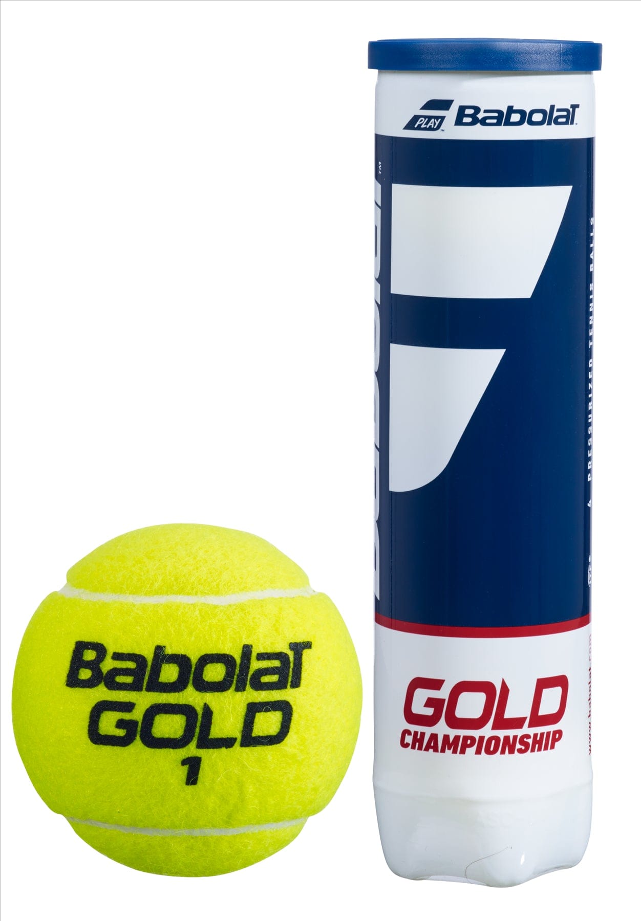A tube of Babolat EVO Gold Championship Tennis Balls (4 Ball Tube) is positioned upright, highlighting their impressive durability, with a single pressurized tennis ball placed alongside it. The tube features a blue and white design with red text, and the yellow ball is marked with "Babolat Gold 1" in black.