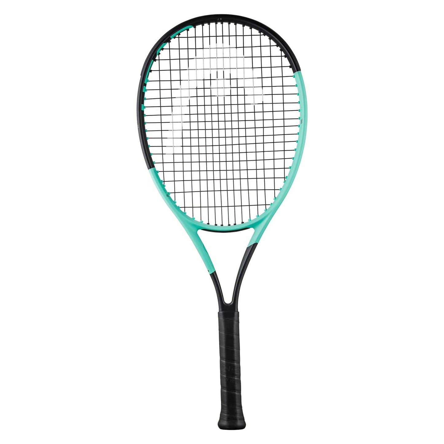 The HEAD Boom Junior 25 2024 Tennis Racket - Black / Mint boasts a black handle paired with a vibrant mint and black frame. Constructed with Graphene Inside, its finely woven strings enhance performance. Displayed against a minimalist white background, this racket incorporates Auxetic 2.0 technology for improved playability.