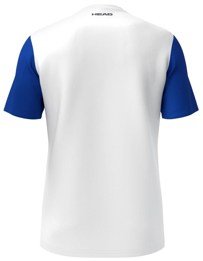 The image shows a white HEAD Club Tech 25 tennis T-shirt with blue sleeves, featuring "HEAD" near the neckline. This shirt, designed for performance and comfort on the court, is made from moisture transfer microfiber.