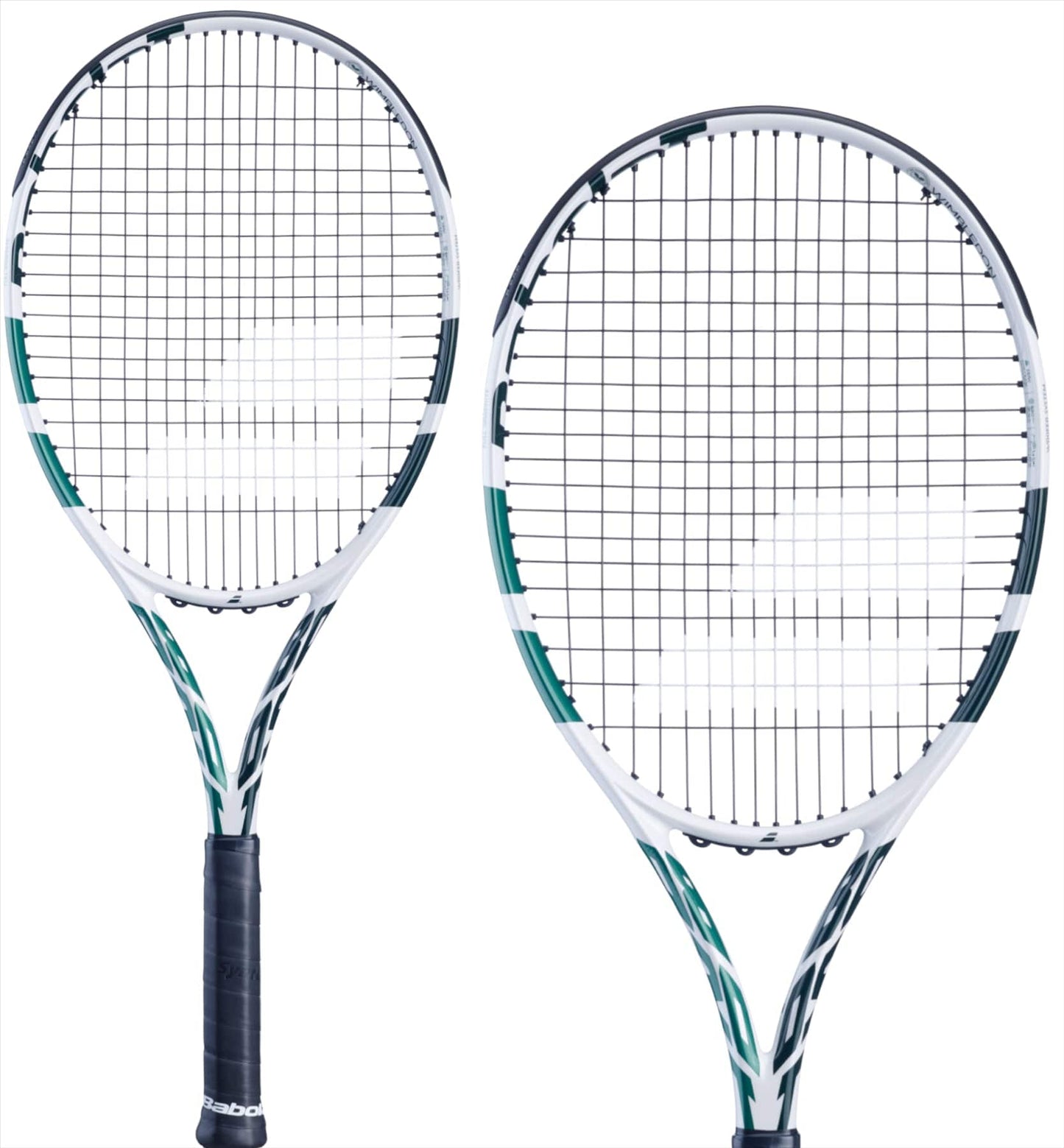 Two Babolat Boost Drive Wimbledon Tennis Rackets are showcased with white and green frames paired with black grips. Photographed from different angles against a simple white backdrop, these rackets embody the style and precision of the Babolat brand.