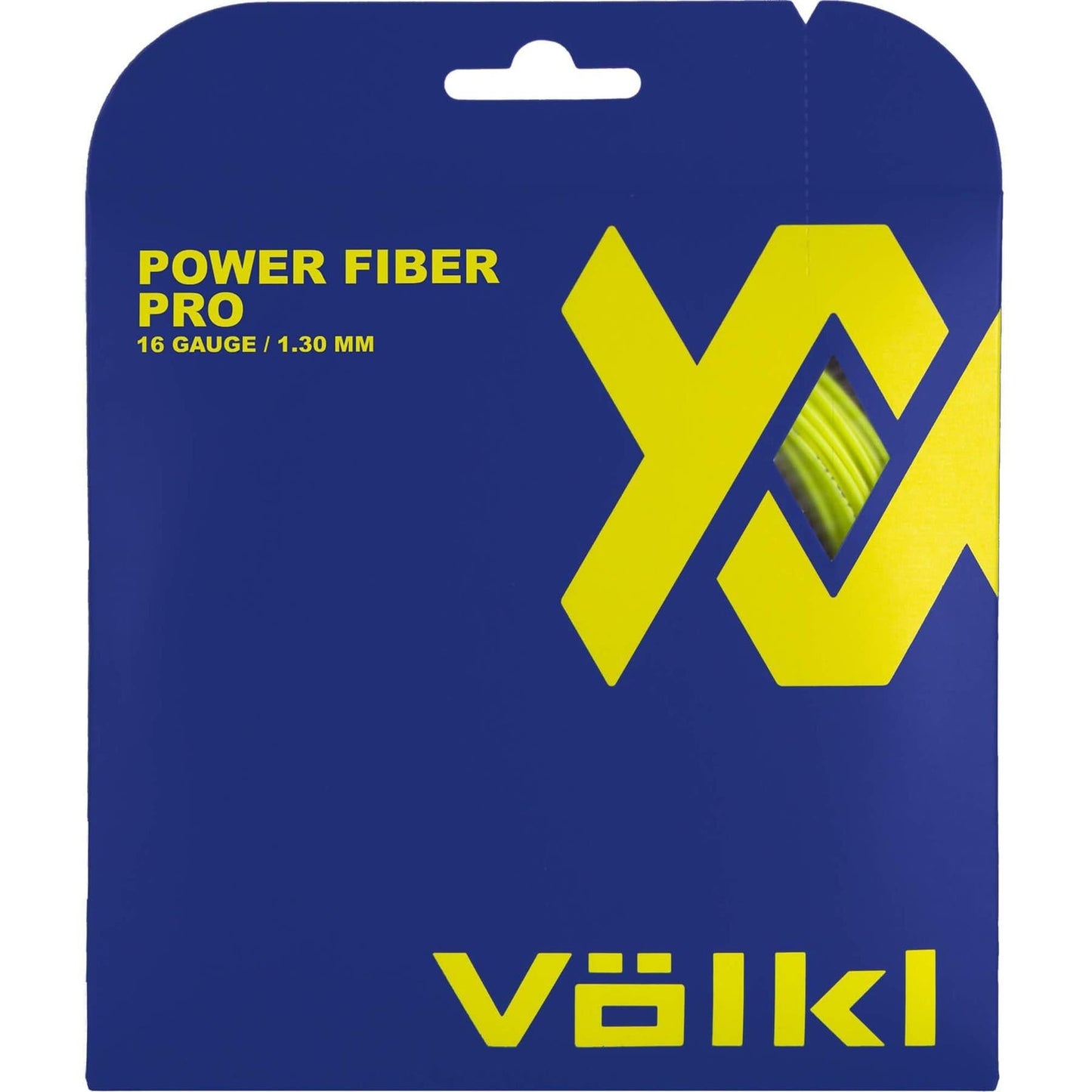 The image displays yellow packaging for the Völkl Power Fibre Pro multifilament tennis strings, renowned for their high durability. The brand's logo appears in yellow, accompanied by text stating that the strings are 16 gauge (1.30 mm). A cutout showcases the coil of tennis string enclosed within.