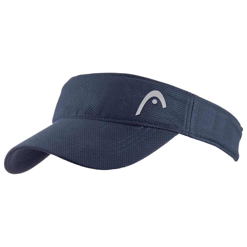 The HEAD Performance Tennis Visor - Navy is a dark blue sports visor made of quick-drying polyester, featuring a curved brim, an adjustable Velcro strap at the back, and a small white logo on the front.