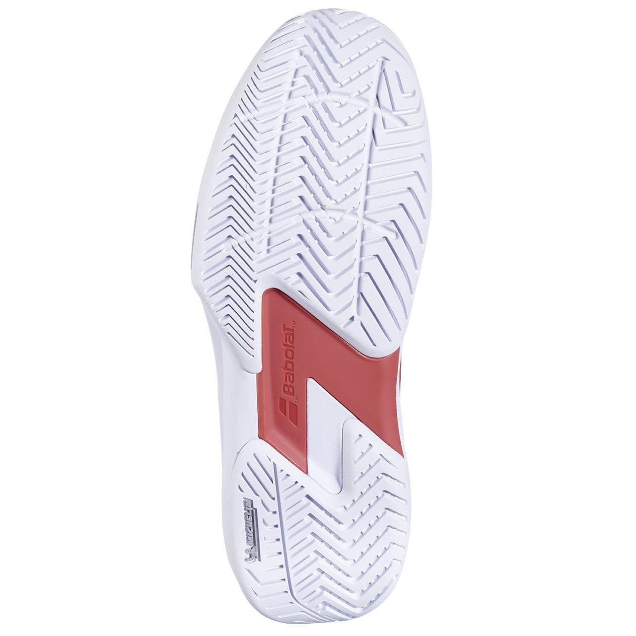 The image shows the sole of the Babolat SFX 4 Women's Tennis Shoes in Terra Cotta, featuring a herringbone tread pattern for superior traction, durability, and comfort on the court.