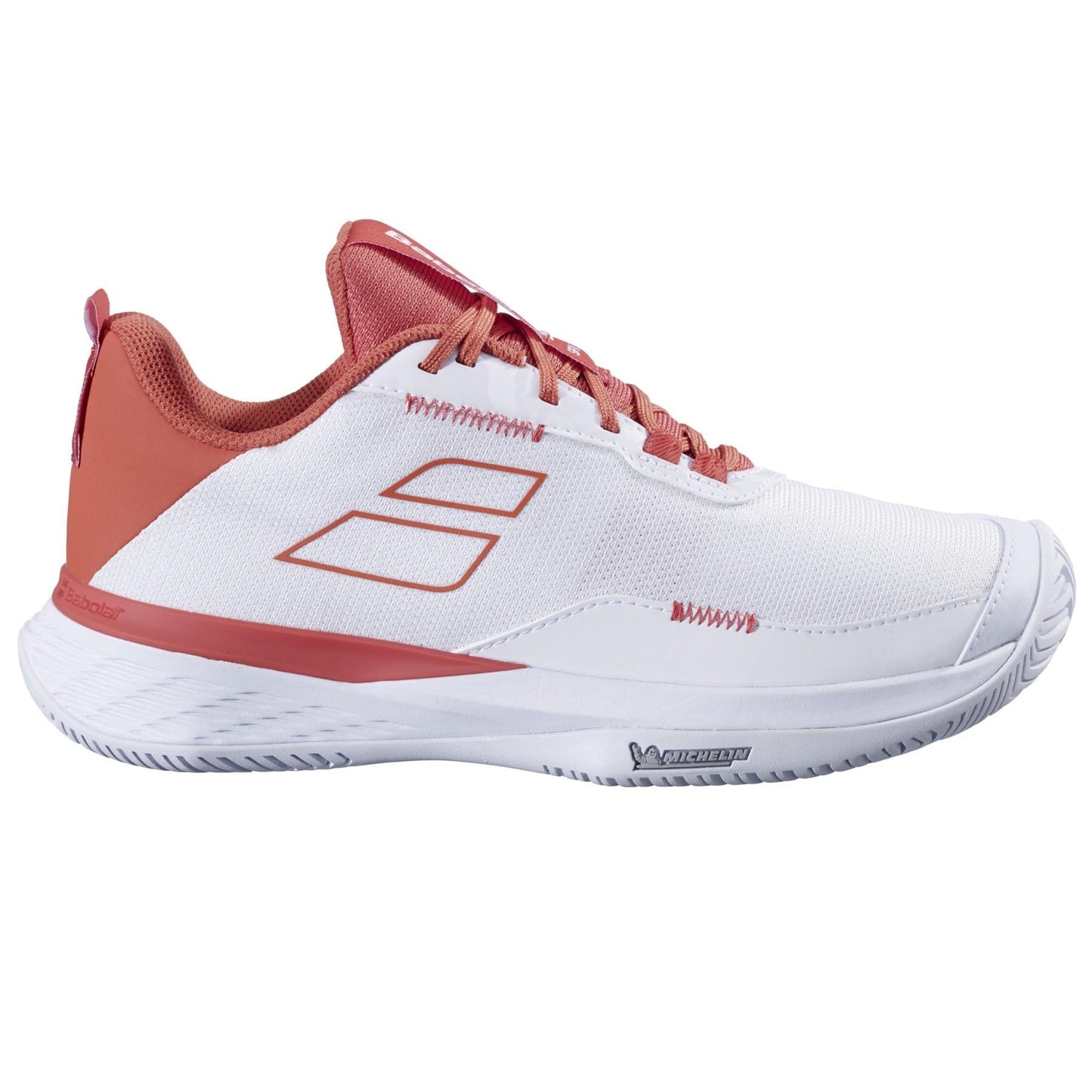 The Babolat SFX Evo Women’s Tennis Shoes in White/Terra Cotta feature a textured sole, red accents, red laces, and a red heel tab. Outlined side shapes and an Ortholite insole provide comfort for sports or casual wear.