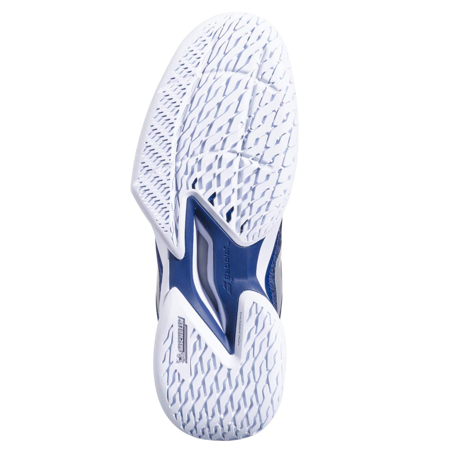Close-up of the Babolat Jet Mach 3 All Court 2025 Womens Tennis Shoes, highlighting a textured white rubber sole with geometric patterns. Enhanced by Matryx technology, it features blue accents visible through cutouts and a Michelin sole for traction and style.
