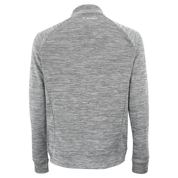 The image displays the back view of the Tecnifibre Men's Team Tennis Jacket in silver. This long-sleeved, high-collar jacket is made from lightweight, breathable stretchy material and features a subtle horizontal line pattern. The design remains simple, without visible logos or embellishments.