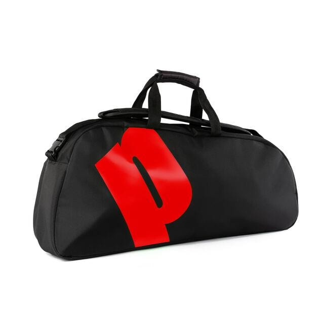 The Prince Tour 1 Comp 3 Racket Tennis Bag - Red is a versatile tennis bag designed with a large red letter "P" on the side. It features a handle on top and an accessory pocket, making it perfect for carrying your gear, including rackets and more.