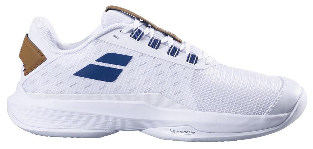 The Babolat Jet Tere 2 Wimbledon Sand Grass 2025 Men’s Tennis Shoes in white/blue feature a blue logo, blue eyelets, white laces, brown heel accent, and a Michelin-logo sole—crafted for ultimate comfort on court.