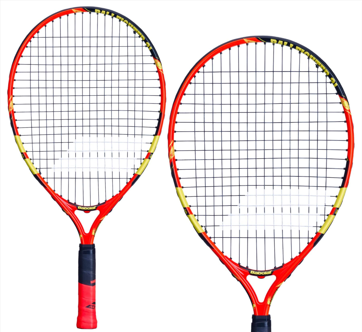 Two Babolat Ballfighter 21 Tennis Rackets in vibrant hues of orange, black, and yellow are arranged against a white background. One racket is slightly tilted, while the other stands upright, making them ideal for teaching young players effective grip techniques in tennis.