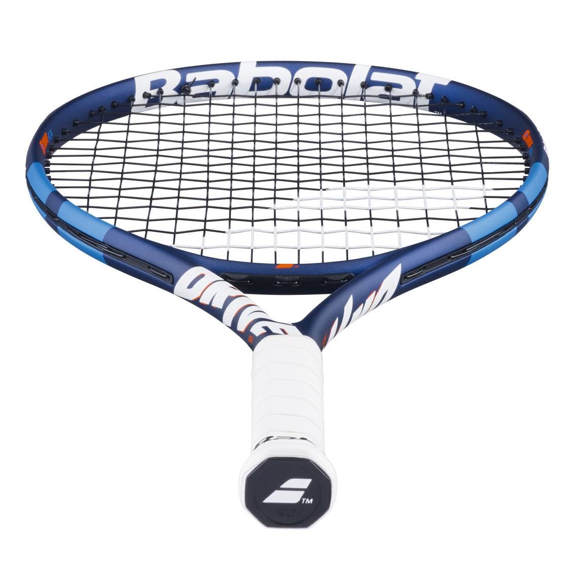 A close-up of the Babolat Drive Junior 24 Tennis Racket - Blue reveals its blue and white frame with tightly strung black strings, ideal for intermediate players. The handle has a white grip and Babolat branding on the butt cap.