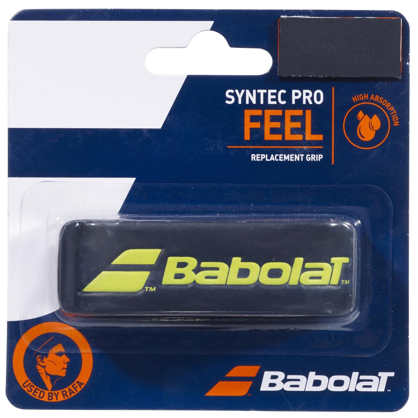 The packaging of the Babolat Syntec Pro X1 Replacement Tennis Grip - Black / Yellow prominently features the Babolat brand logo alongside icons symbolizing high absorption, making it ideal for professional use. This black grip with yellow text is elegantly presented in a combination of plastic and cardboard packaging.