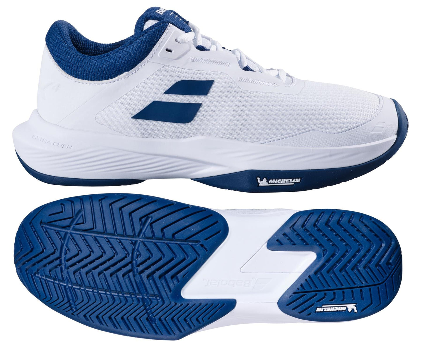 A pair of Babolat SFX 4 All Court 2025 Men's Tennis Shoes in white and estate blue. The upper shoe displays a side view with branding, while the lower reveals the textured sole pattern for comfort. Logo details are visible on both the shoe and sole.