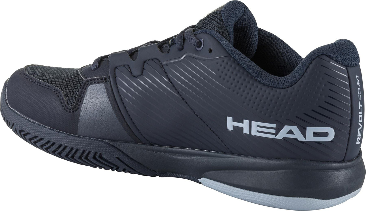 Introducing the HEAD Revolt Court Women's Tennis Shoes in a stylish blueberry and light blue color scheme. These athletic sneakers feature a breathable mesh upper with synthetic overlays, ensuring lightweight comfort and performance. The brand name "HEAD" is elegantly displayed in white on the side, complemented by a textured rubber sole that provides exceptional grip—ideal for all your tennis needs.