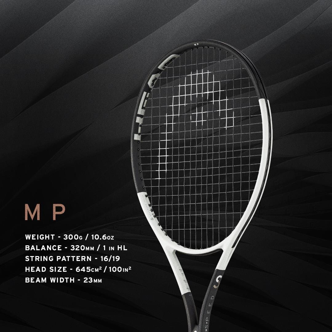 A HEAD Speed MP 2024 Tennis Racket in White and Black is set against a dark, textured backdrop. This racket by HEAD incorporates Graphene Inside and Auxetic technology, weighs 300g (10.6oz), has a balance of 320mm (1in HL), features a 16/19 string pattern, boasts a head size of 645cm² (100in²), and includes a beam width of 23mm.
