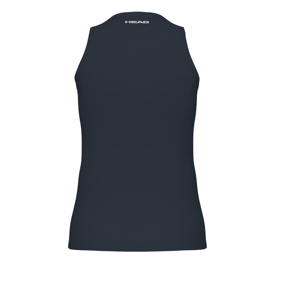 Back view of a sleeveless navy athletic shirt with "HEAD" printed at the top center. This HEAD Performance Women's Tennis Tank Top offers a sleek design, enhanced by Body Mapping Technology for optimal comfort during play.