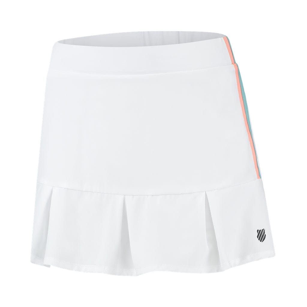 The K-Swiss Tac Hypercourt Pleated Tennis Skirt 3 in white showcases a pleated hem and a small logo on the lower right. Delicate orange and teal stripes adorn the sides, with an integrated legging short made from 4-Way Density Stretch fabric for superior comfort and flexibility.