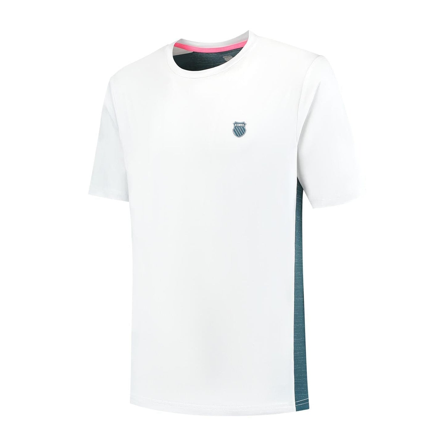The K-Swiss Hypercourt Mix Melange Men's Tennis T-Shirt features breathable material, a small chest emblem, dark green side panels for contrast, and a pink stripe on the inside collar.