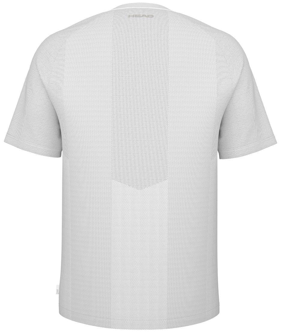 The image shows the back of the HEAD Performance Men's Tennis T-Shirt in white, featuring subtle vertical patterns, short sleeves, and a round neckline. Made with Moisture Transfer Microfiber for comfort, it includes a small logo near the upper back.