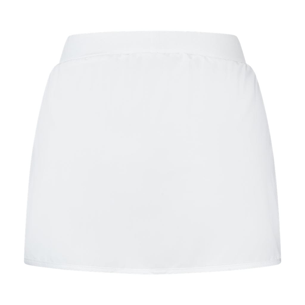 The K-Swiss Tac Hypercourt Pleated Tennis Skirt 4 in white from the Hypercourt collection showcases a sleek, modern design with its elasticated waistband and minimalist style. Falling above the knee, this skirt features a fabric that has a sleek, slightly shiny finish, exemplifying contemporary elegance against a white background.