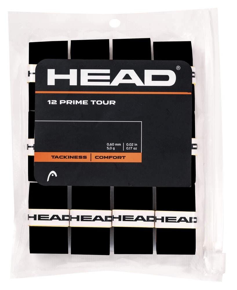 The HEAD Prime Tour Tennis Overgrip (12 Pack) in black provides super tacky, comfortable grips with "HEAD" in white for added feel. The clear package has a convenient ziplock closure.