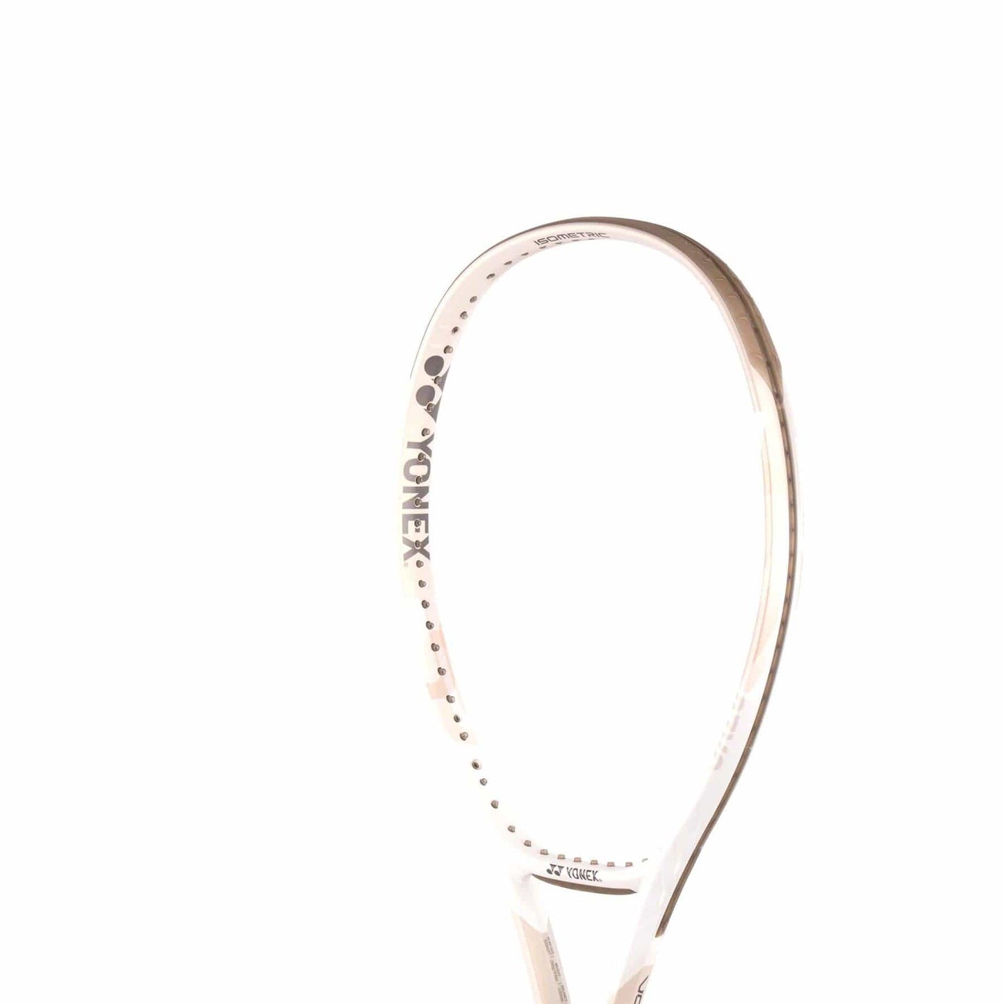 Close-up image of a Yonex VCORE 100L Tennis Racket frame, primarily sand beige, against a plain white background. The lightweight racket's frame is partially visible, featuring the Yonex brand logo and name in black.