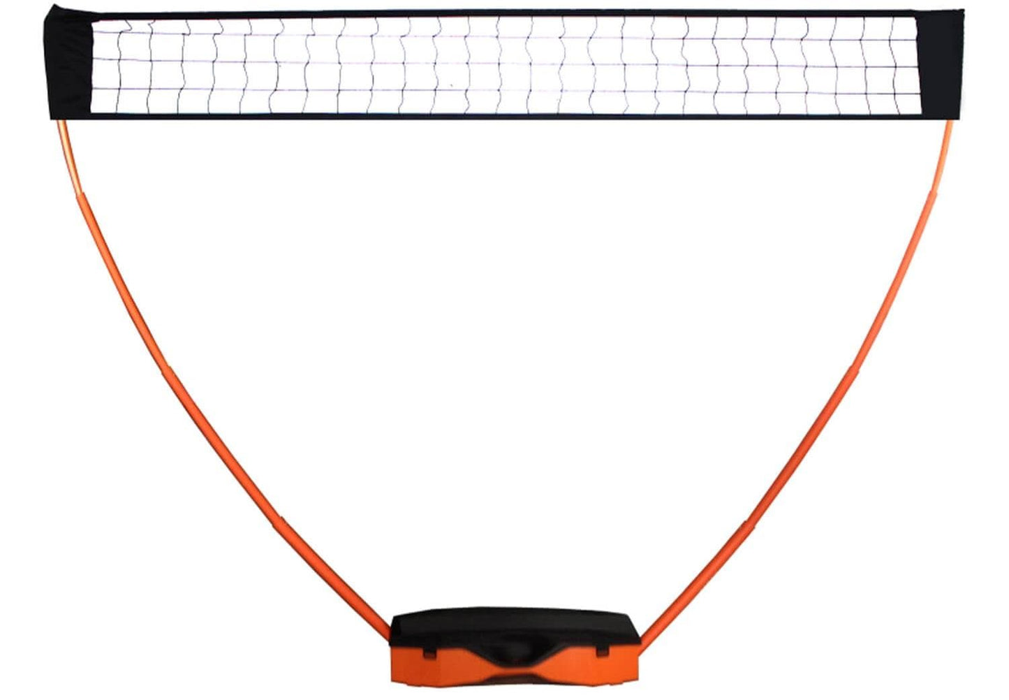 The Sure Shot Quick Fit 3 in 1 Garden Net Set includes an orange and black base with a quick-fit design. Two upward-curving orange poles form a triangular structure, supporting black netting with a visible grid and adjustable height for versatile play.