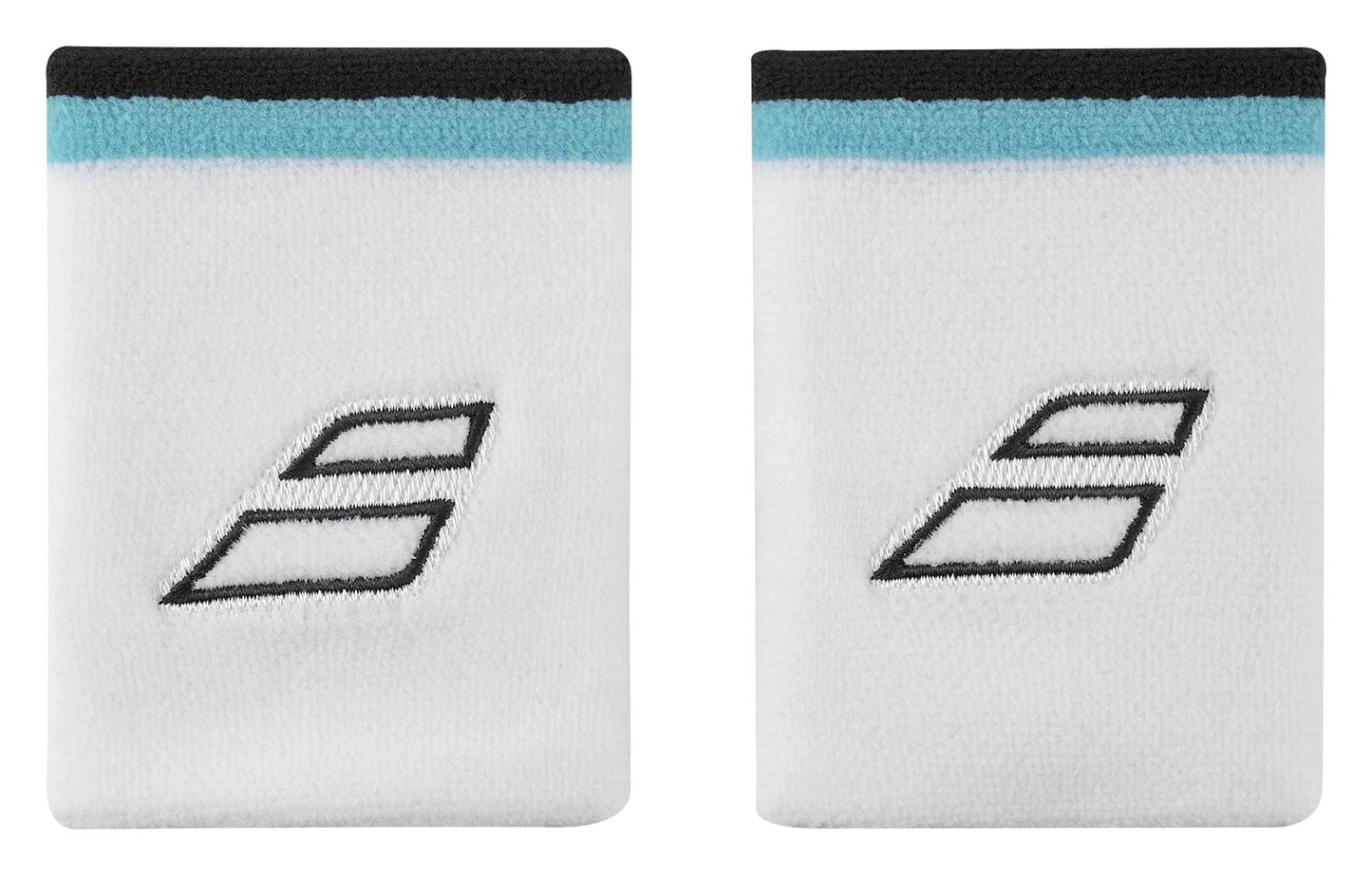 Each Babolat Terry Jumbo Wristband in white with Estate Blue accents showcases a stylized black logo of overlapping shapes near the center. The set includes two soft and comfortable wristbands featuring an absorbent, embroidered logo.